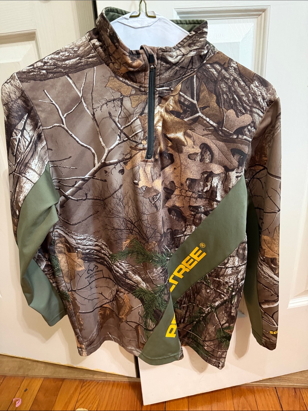 Realtree Camo Quarter-Zip Pullover with Olive Panels and Yellow Logo